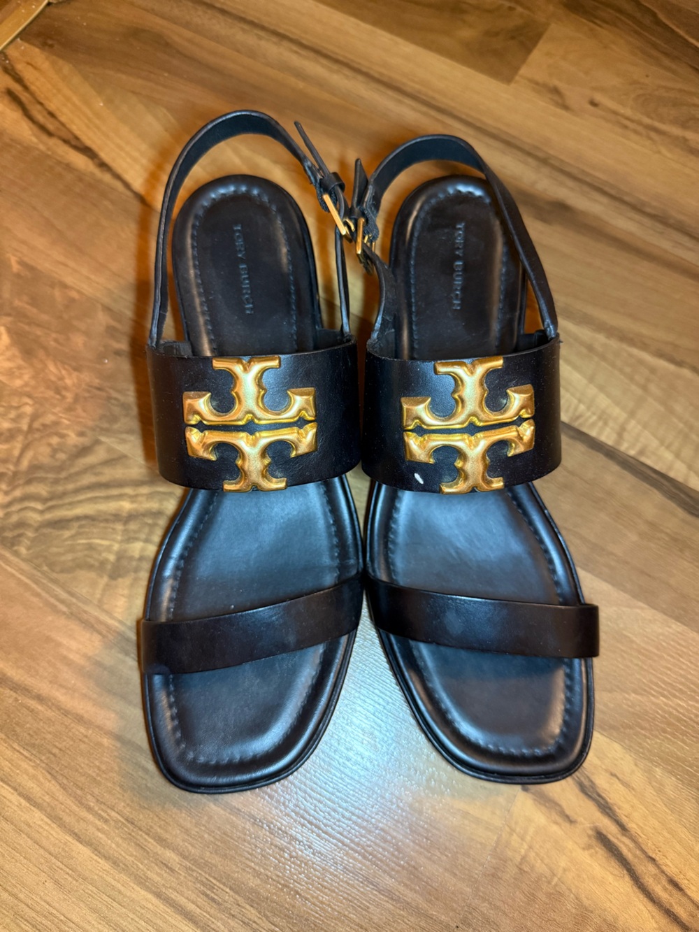 Tory Burch Eleanor Black Leather Block Heel Slingback Sandals Gold Logo size 10